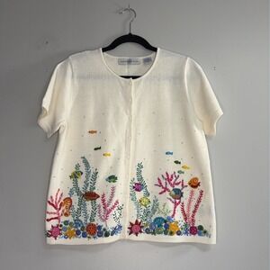 Vintage Marisa Christina Woman M Ivory ShortSleeve Cardigan SeaLife Embellished